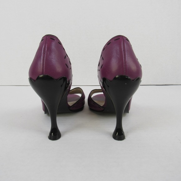 John Fluevog Hepburn Purple Leather Black Stitching Pumps Heels Open Toe - Picture 4 of 13
